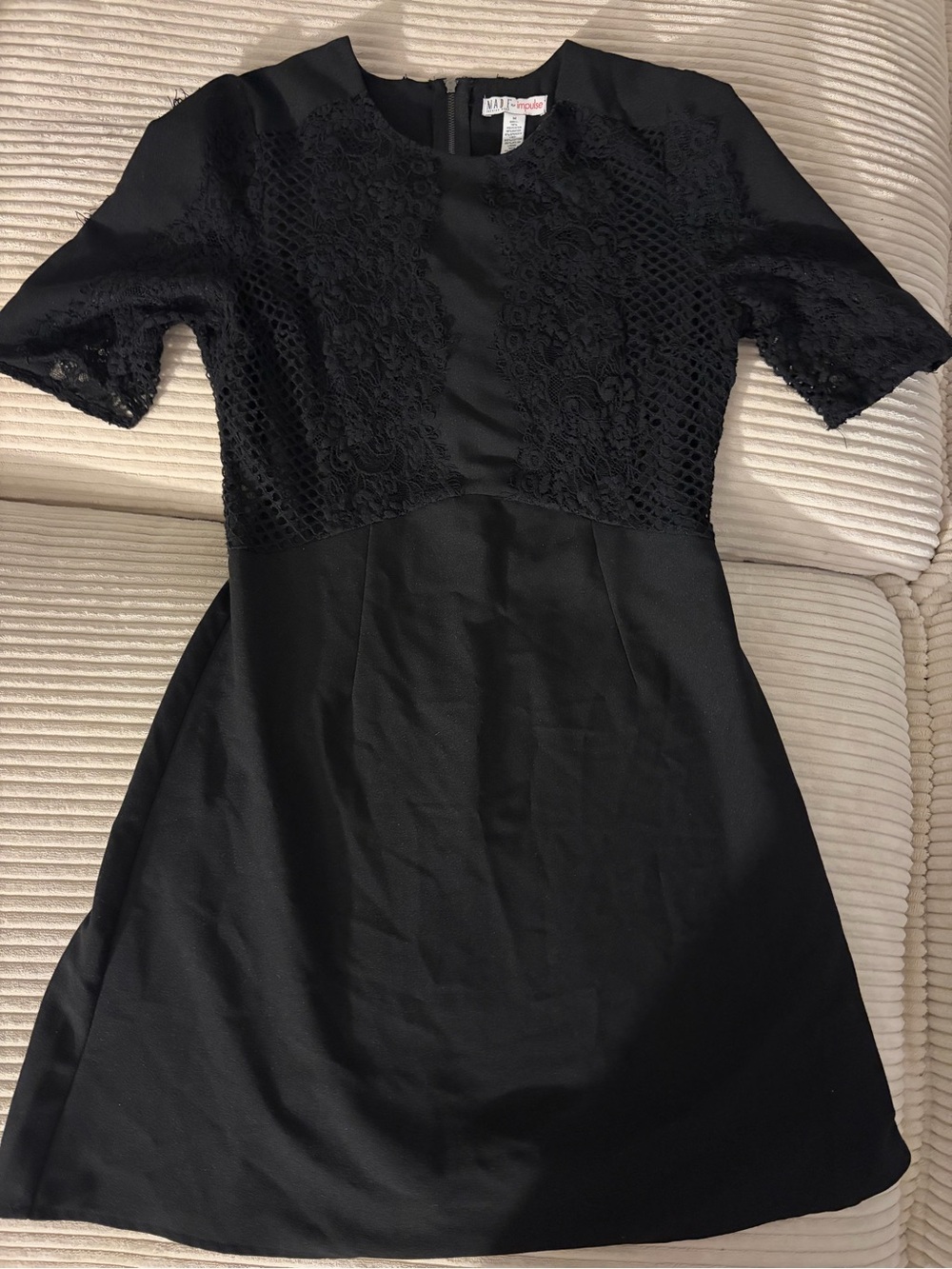 Petite Sophisticated Black Lace Fit-and-Flare Dress —- retro
